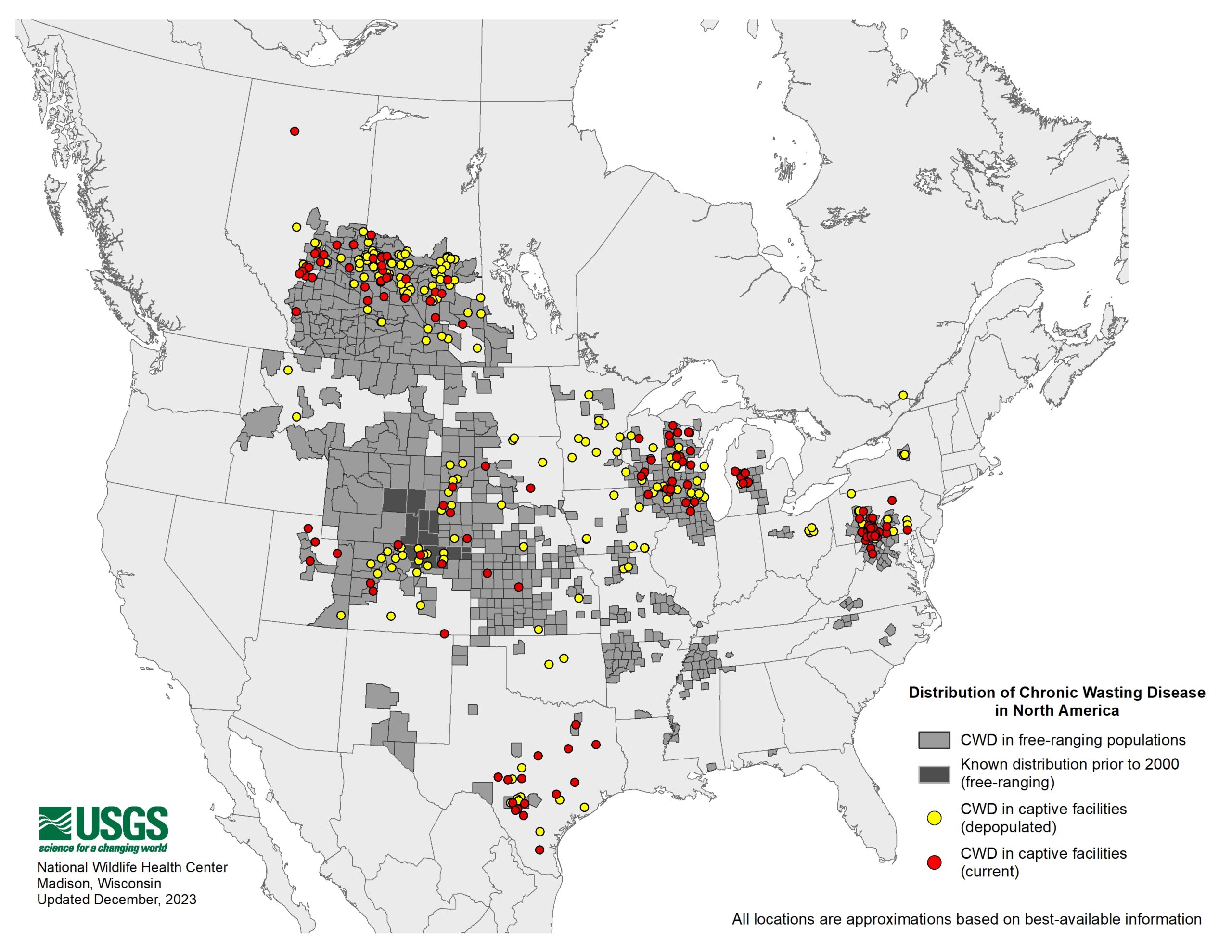 This is a map of North America showing where instances of Chronic Wasting Disease in deer are occurring